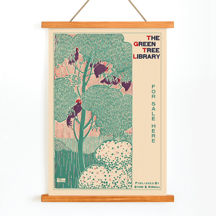 Illustration of a vibrant green tree by Henry McCarter titled The Green Tree Library. Poster of The green tree library by Henry McCarter featuring green foliage and text for sale here with a decorative border.