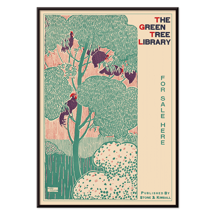 Illustration of a vibrant green tree by Henry McCarter titled The Green Tree Library. Poster of The green tree library by Henry McCarter featuring green foliage and text for sale here with a decorative border.
