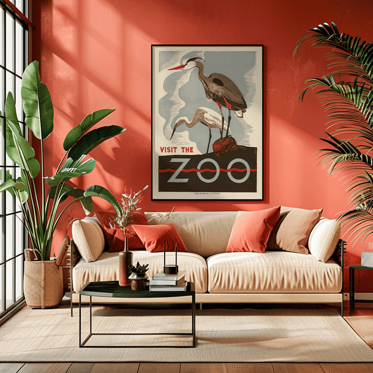 Visit the zoo by Federal Art Project WPA Pennsylvania featuring herons on a rock Poster with two birds standing on a rock with the words Visit the zoo by the artist under the Federal Art Project W P A Pennsylvania.
