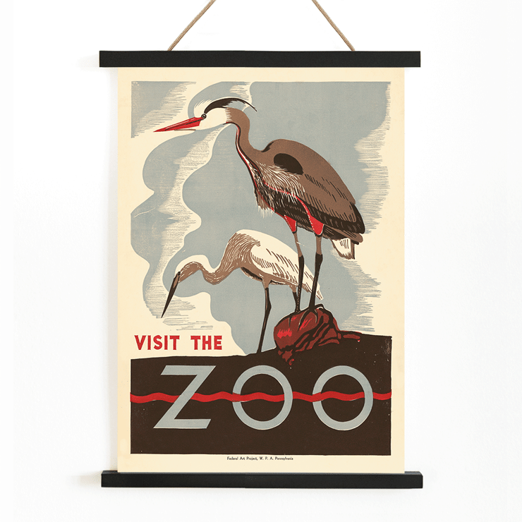 Visit the zoo by Federal Art Project WPA Pennsylvania featuring herons on a rock Poster with two birds standing on a rock with the words Visit the zoo by the artist under the Federal Art Project W P A Pennsylvania.