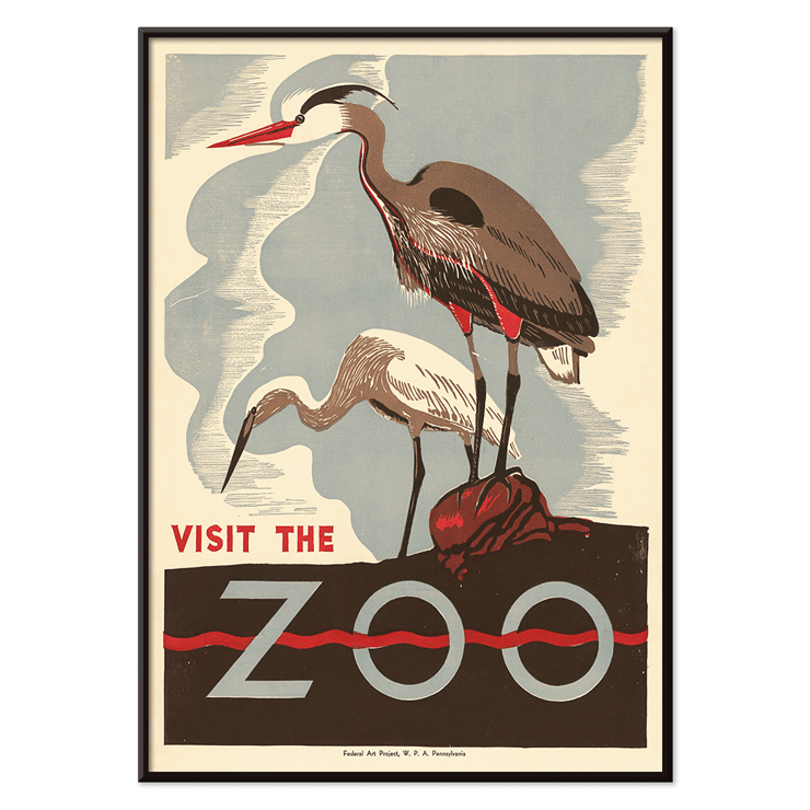 Visit the zoo by Federal Art Project WPA Pennsylvania featuring herons on a rock Poster with two birds standing on a rock with the words Visit the zoo by the artist under the Federal Art Project W P A Pennsylvania.