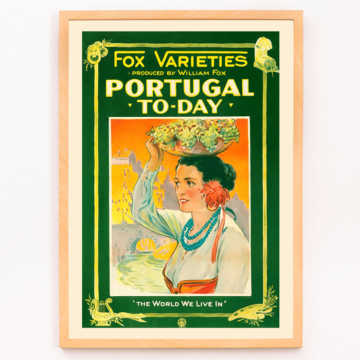 Colorful vintage poster of a woman carrying grapes by William Fox titled Portugal Today Poster of Portugal Today by Anonymous featuring a woman in traditional attire carrying fruit on her head with colorful backdrop