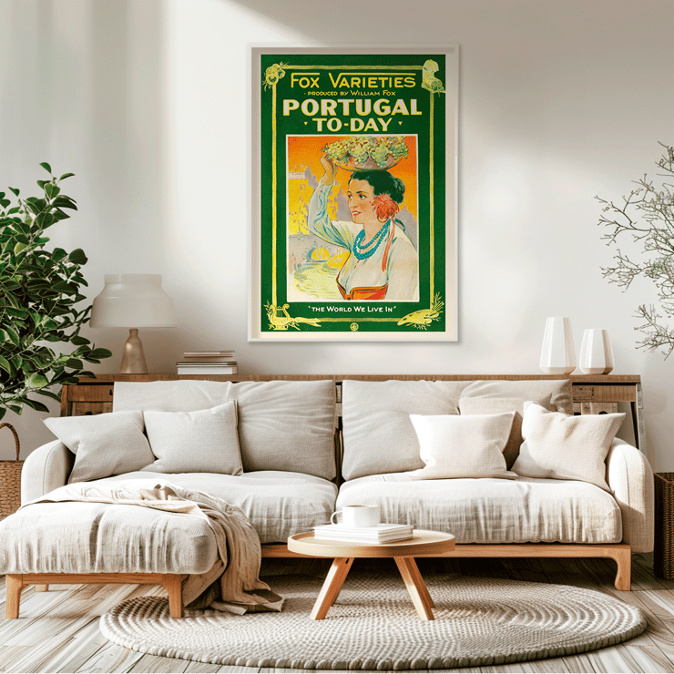 Colorful vintage poster of a woman carrying grapes by William Fox titled Portugal Today Poster of Portugal Today by Anonymous featuring a woman in traditional attire carrying fruit on her head with colorful backdrop