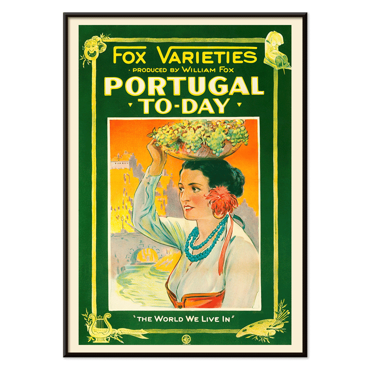 Colorful vintage poster of a woman carrying grapes by William Fox titled Portugal Today Poster of Portugal Today by Anonymous featuring a woman in traditional attire carrying fruit on her head with colorful backdrop