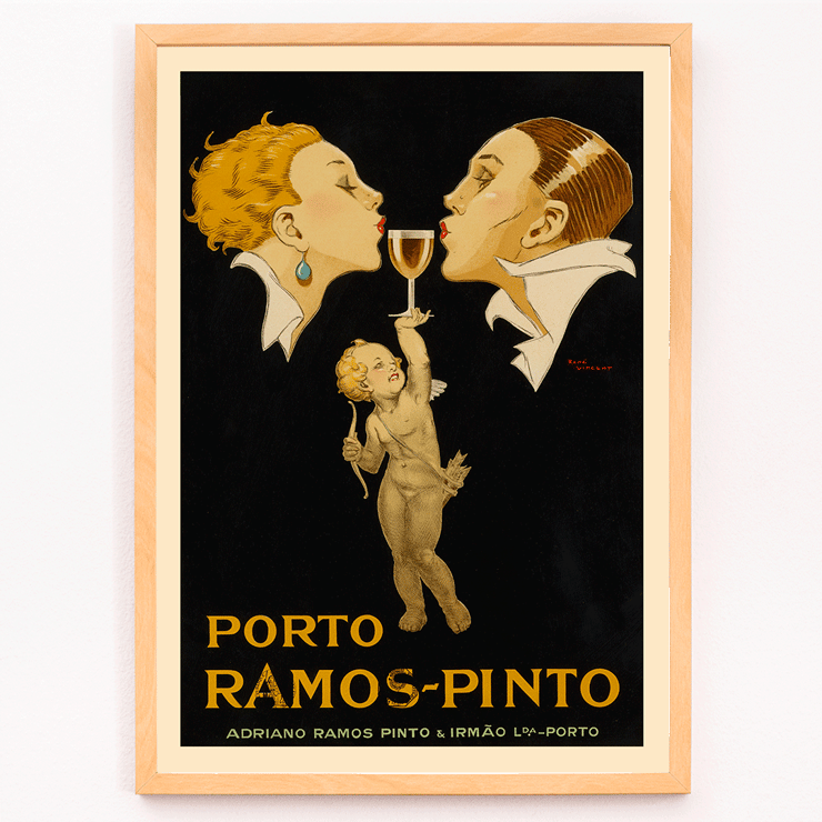 Porto Ramos-Pinto by René Vincent art with two people and a cherub holding a wine glass Poster for Porto Ramos-Pinto by René Vincent featuring two people about to kiss over a glass of wine held by a cherub.