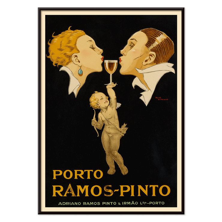 Porto Ramos-Pinto by René Vincent art with two people and a cherub holding a wine glass Poster for Porto Ramos-Pinto by René Vincent featuring two people about to kiss over a glass of wine held by a cherub.