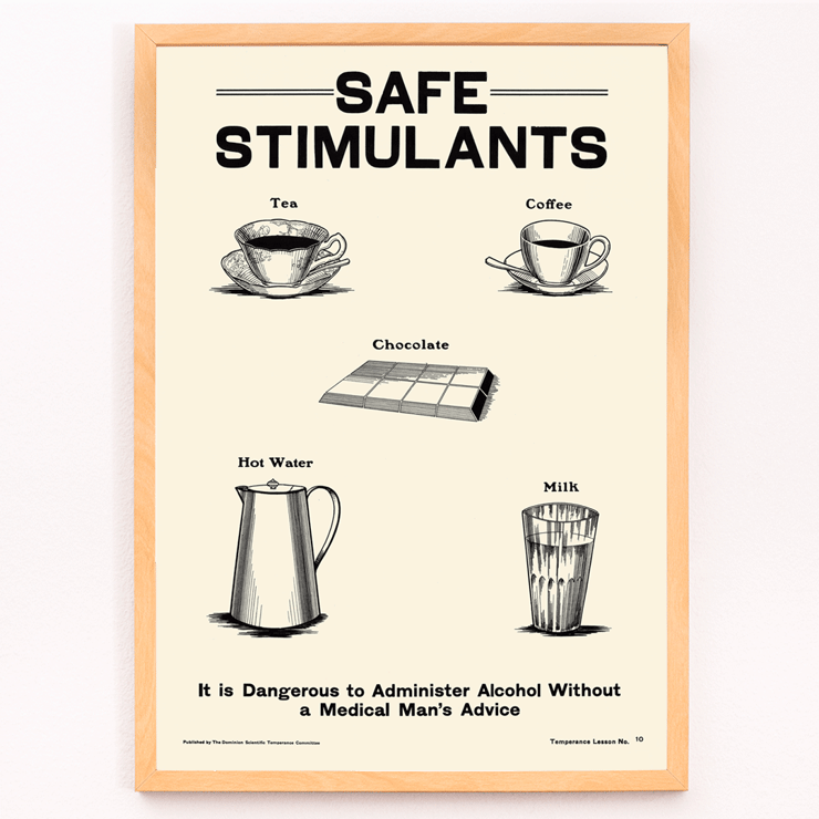 Illustration by the Dominion Scientific Temperance Committee promoting safe alternatives to alcohol consumption with tea coffee chocolate hot water and milk Poster promoting the prohibition of alcohol by The Dominion Scientific Temperance Committee featuring safe alternatives to alcohol