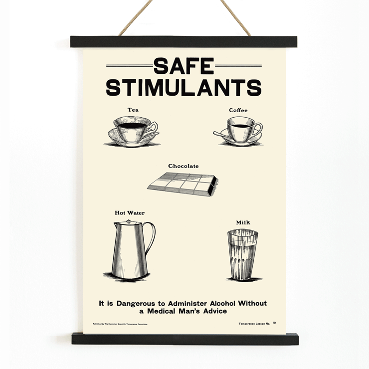 Illustration by the Dominion Scientific Temperance Committee promoting safe alternatives to alcohol consumption with tea coffee chocolate hot water and milk Poster promoting the prohibition of alcohol by The Dominion Scientific Temperance Committee featuring safe alternatives to alcohol