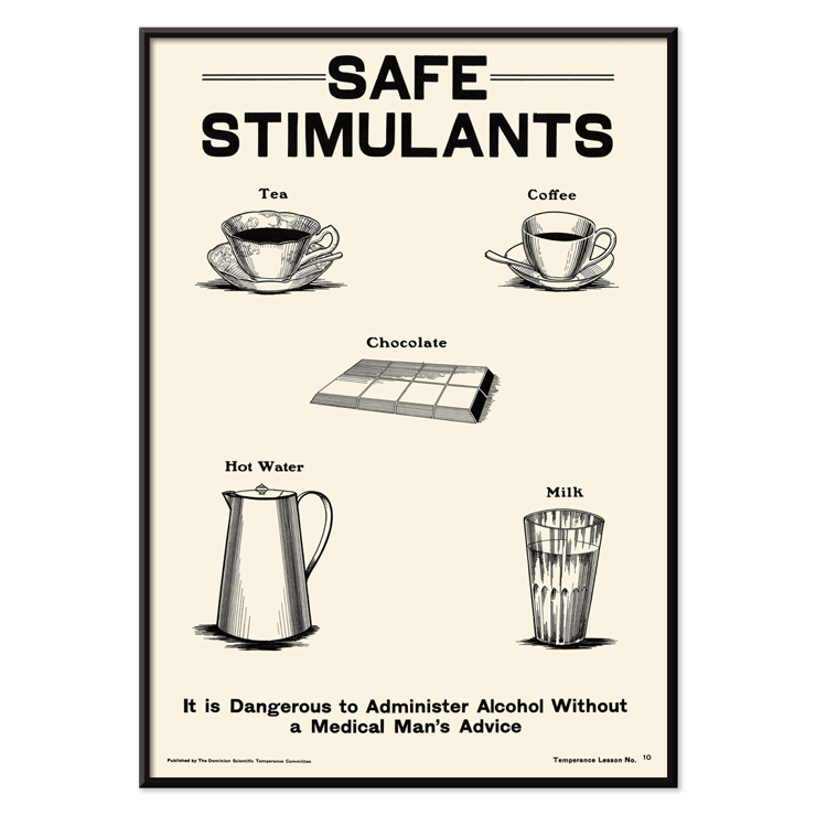 Illustration by the Dominion Scientific Temperance Committee promoting safe alternatives to alcohol consumption with tea coffee chocolate hot water and milk Poster promoting the prohibition of alcohol by The Dominion Scientific Temperance Committee featuring safe alternatives to alcohol