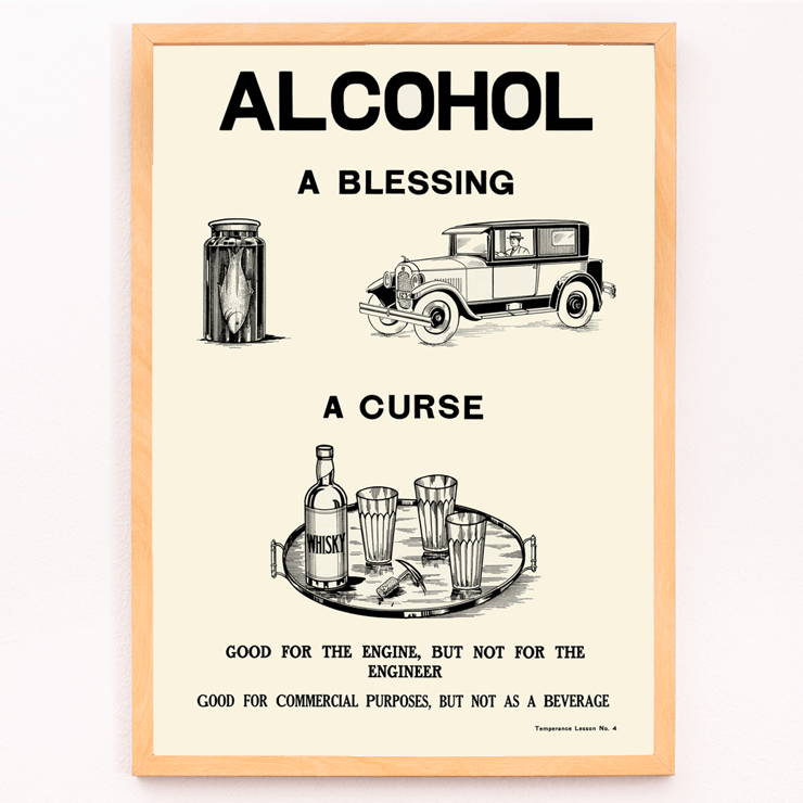 Poster promuove il divieto di alcol da parte del Dominion Scientific Temperance Committee mostrando immagini contrastanti sugli usi dell'alcol Poster promuove il divieto di alcol da parte del Dominion Scientific Temperance Committee intitolato Alcohol A Blessing A Curse con auto e bottiglie