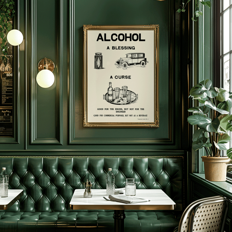 Poster promuove il divieto di alcol da parte del Dominion Scientific Temperance Committee mostrando immagini contrastanti sugli usi dell'alcol Poster promuove il divieto di alcol da parte del Dominion Scientific Temperance Committee intitolato Alcohol A Blessing A Curse con auto e bottiglie