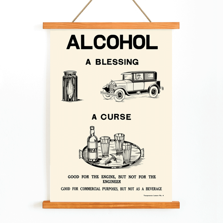 Poster promuove il divieto di alcol da parte del Dominion Scientific Temperance Committee mostrando immagini contrastanti sugli usi dell'alcol Poster promuove il divieto di alcol da parte del Dominion Scientific Temperance Committee intitolato Alcohol A Blessing A Curse con auto e bottiglie