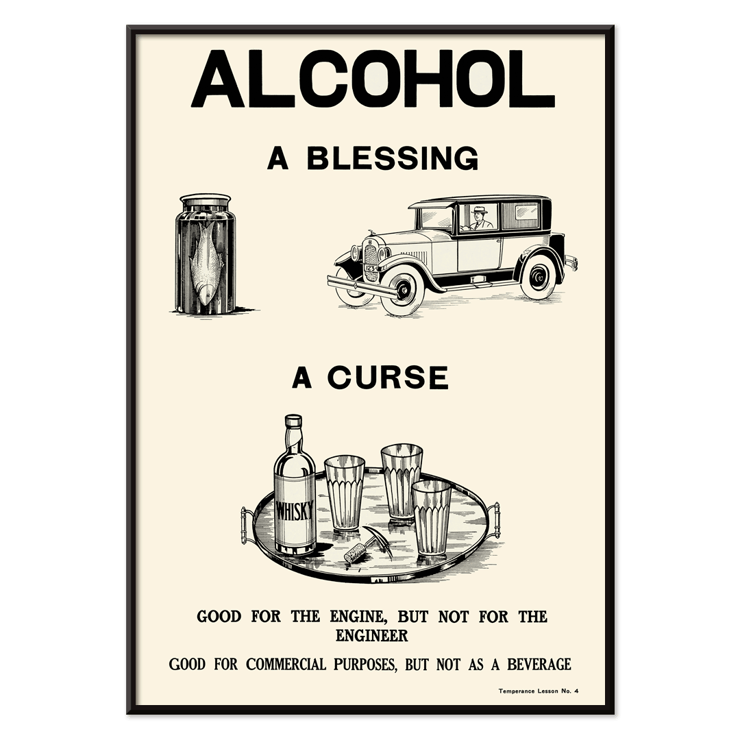 Poster promuove il divieto di alcol da parte del Dominion Scientific Temperance Committee mostrando immagini contrastanti sugli usi dell'alcol Poster promuove il divieto di alcol da parte del Dominion Scientific Temperance Committee intitolato Alcohol A Blessing A Curse con auto e bottiglie