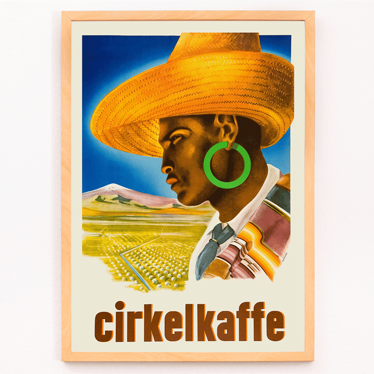 Cirkelkaffe by J.Olséns colorful poster featuring a person in a hat with a landscape background Poster Cirkelkaffe by J.Olséns featuring a side profile of a person in a large hat with green earrings and a scenic agricultural backdrop.