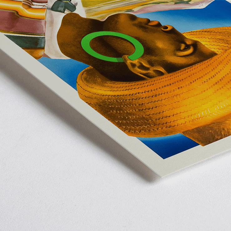Cirkelkaffe by J.Olséns colorful poster featuring a person in a hat with a landscape background Poster Cirkelkaffe by J.Olséns featuring a side profile of a person in a large hat with green earrings and a scenic agricultural backdrop.