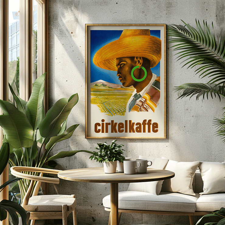 Cirkelkaffe by J.Olséns colorful poster featuring a person in a hat with a landscape background Poster Cirkelkaffe by J.Olséns featuring a side profile of a person in a large hat with green earrings and a scenic agricultural backdrop.