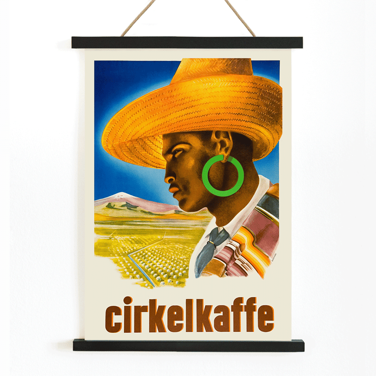 Cirkelkaffe by J.Olséns colorful poster featuring a person in a hat with a landscape background Poster Cirkelkaffe by J.Olséns featuring a side profile of a person in a large hat with green earrings and a scenic agricultural backdrop.