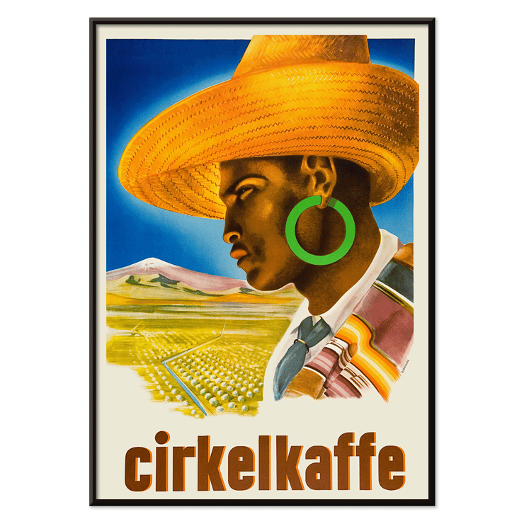 Cirkelkaffe by J.Olséns colorful poster featuring a person in a hat with a landscape background Poster Cirkelkaffe by J.Olséns featuring a side profile of a person in a large hat with green earrings and a scenic agricultural backdrop.