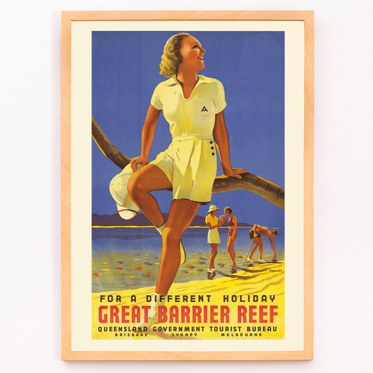Vintage travel poster of a woman at the beach by Percival Albert Trompf titled A Woman Sitting on a Branch Poster of a woman sitting on a branch at the Great Barrier Reef by Percival Albert Trompf with people enjoying the beach in the background
