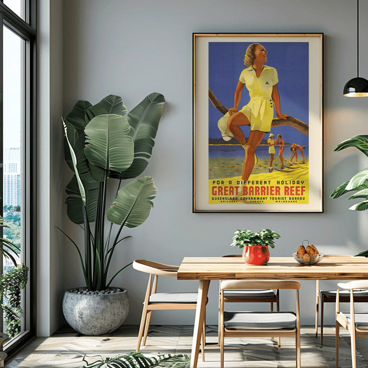 Vintage travel poster of a woman at the beach by Percival Albert Trompf titled A Woman Sitting on a Branch Poster of a woman sitting on a branch at the Great Barrier Reef by Percival Albert Trompf with people enjoying the beach in the background