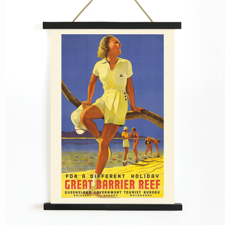 Vintage travel poster of a woman at the beach by Percival Albert Trompf titled A Woman Sitting on a Branch Poster of a woman sitting on a branch at the Great Barrier Reef by Percival Albert Trompf with people enjoying the beach in the background