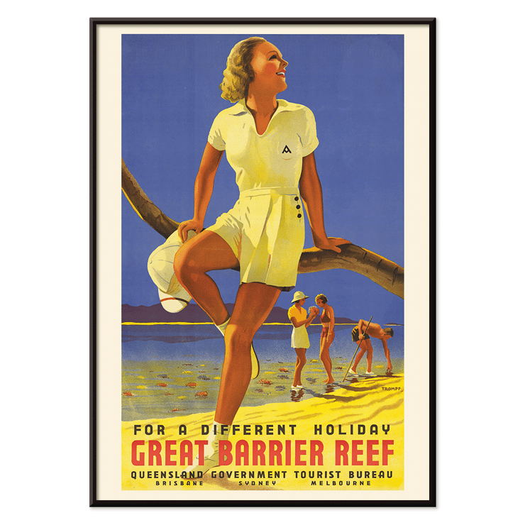 Vintage travel poster of a woman at the beach by Percival Albert Trompf titled A Woman Sitting on a Branch Poster of a woman sitting on a branch at the Great Barrier Reef by Percival Albert Trompf with people enjoying the beach in the background