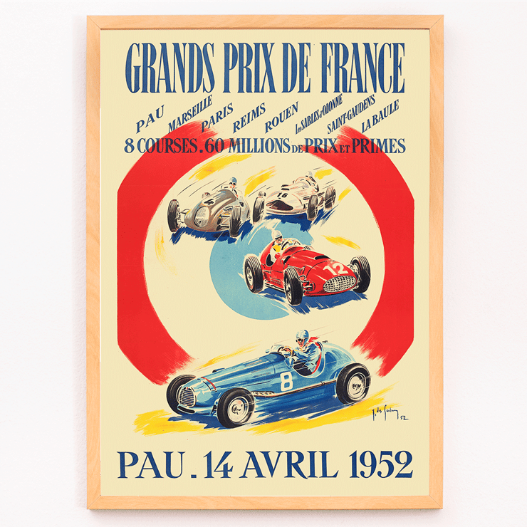 Vintage poster with race cars promoting Grands Prix de France by Jean Des Gachons Poster for Grands Prix de France by Jean Des Gachons featuring colorful race cars and event details for multiple locations