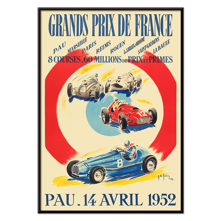 Vintage poster with race cars promoting Grands Prix de France by Jean Des Gachons Poster for Grands Prix de France by Jean Des Gachons featuring colorful race cars and event details for multiple locations