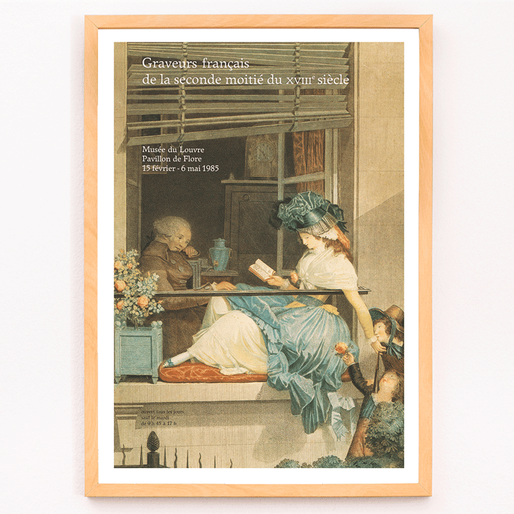 French engravers artwork depicting a woman reading artist Graveurs français de la seconde moitié du XVIIIe siècle artwork title Graveurs français de la seconde moitié du XVIIIe siècle Poster displaying artwork of a woman reading with a child and elderly man nearby from Graveurs français de la seconde moitié du XVIIIe siècle