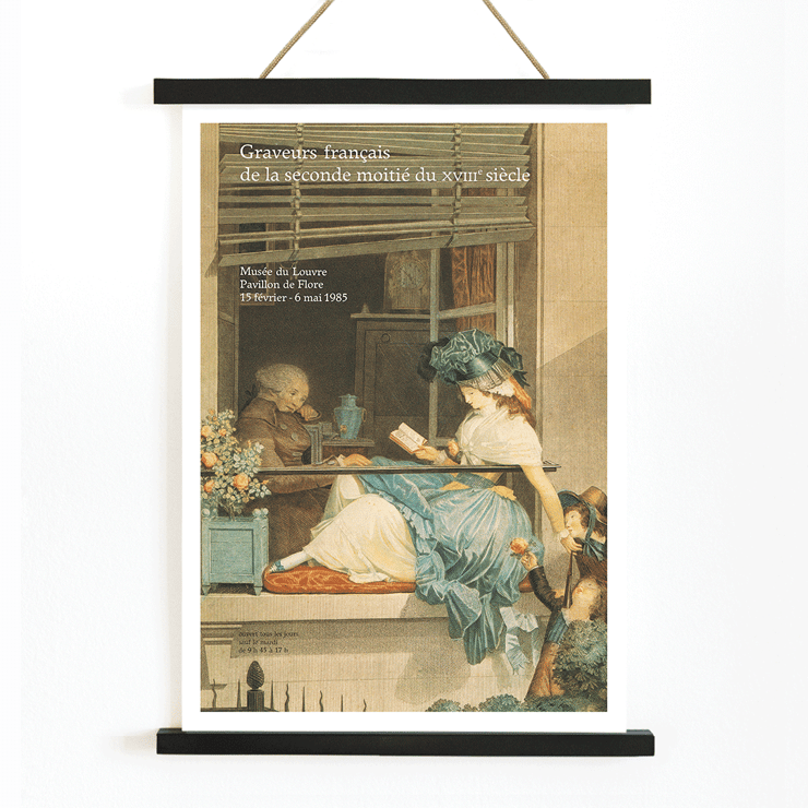 French engravers artwork depicting a woman reading artist Graveurs français de la seconde moitié du XVIIIe siècle artwork title Graveurs français de la seconde moitié du XVIIIe siècle Poster displaying artwork of a woman reading with a child and elderly man nearby from Graveurs français de la seconde moitié du XVIIIe siècle