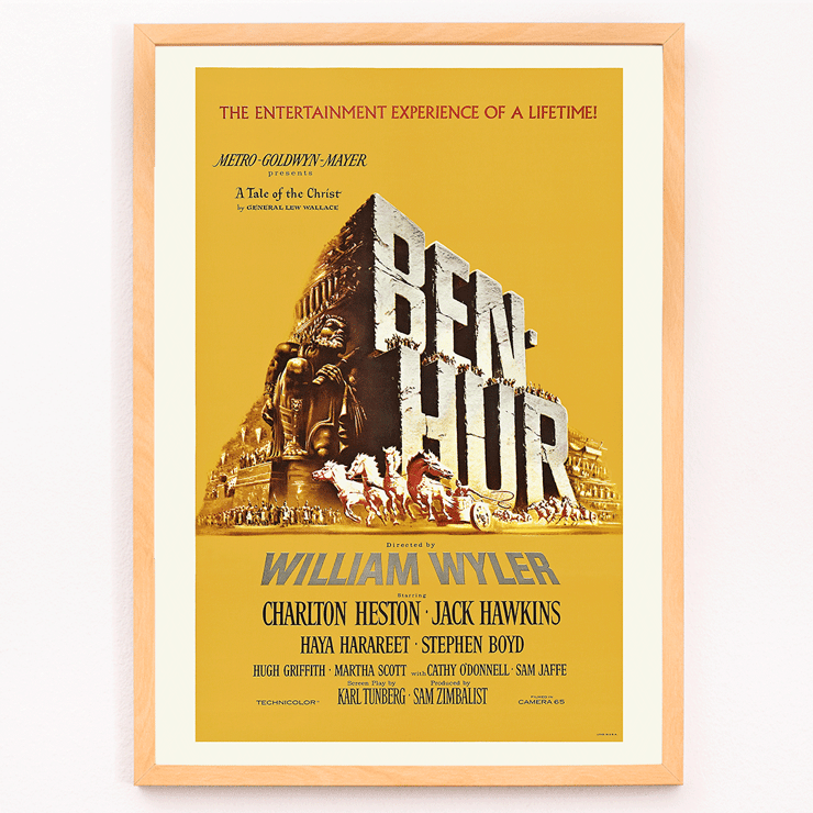 Ben-Hur film poster by William Wyler featuring Charlton Heston and Jack Hawkins Ben-Hur film poster by William Wyler featuring a large stone chariot race with horses and ancient Roman architecture in the background