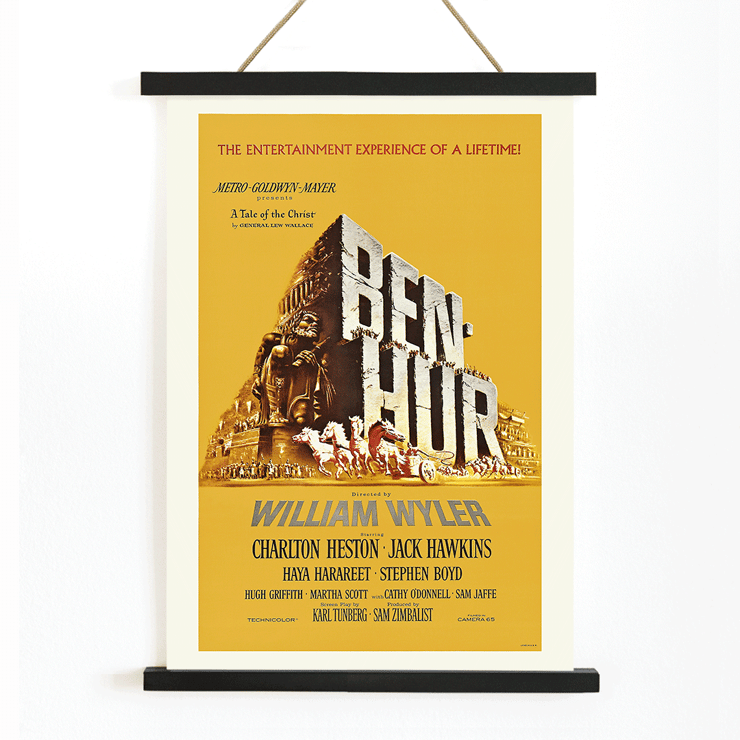 Ben-Hur film poster by William Wyler featuring Charlton Heston and Jack Hawkins Ben-Hur film poster by William Wyler featuring a large stone chariot race with horses and ancient Roman architecture in the background