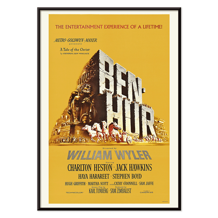 Ben-Hur film poster by William Wyler featuring Charlton Heston and Jack Hawkins Ben-Hur film poster by William Wyler featuring a large stone chariot race with horses and ancient Roman architecture in the background