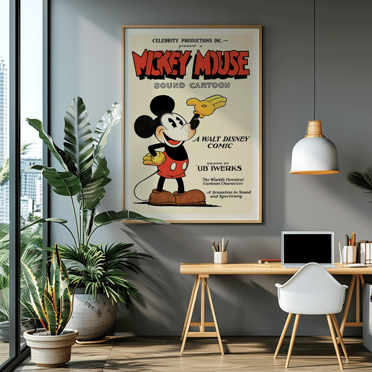 Pôster do Mickey Mouse com arte de Ub Iwerks intitulada Sound Cartoon Uma história em quadrinhos da Walt Disney mostrando o Mickey sorrindo com luvas amarelas e shorts vermelhos