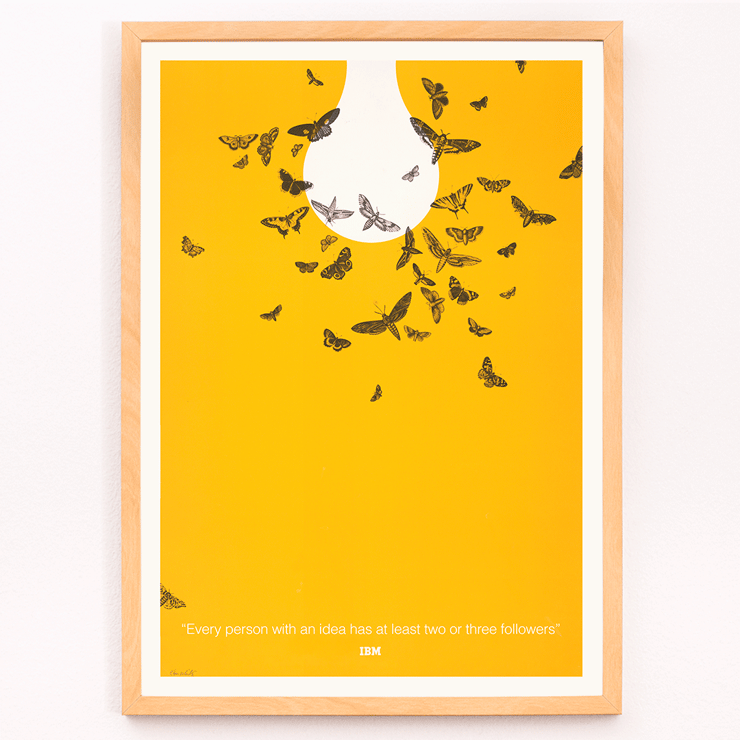 Butterflies attracted to a light bulb on artwork Every person with an idea has at least two or three followers by Ken White Poster of Ken White's artwork Every person with an idea has at least two or three followers depicting butterflies around a lightbulb.