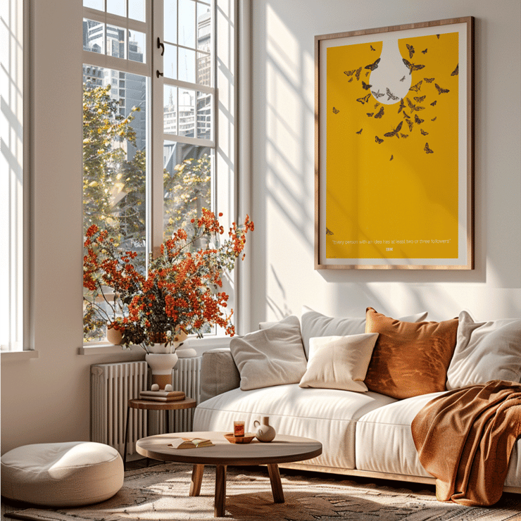 Butterflies attracted to a light bulb on artwork Every person with an idea has at least two or three followers by Ken White Poster of Ken White's artwork Every person with an idea has at least two or three followers depicting butterflies around a lightbulb.