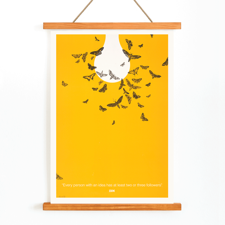 Butterflies attracted to a light bulb on artwork Every person with an idea has at least two or three followers by Ken White Poster of Ken White's artwork Every person with an idea has at least two or three followers depicting butterflies around a lightbulb.