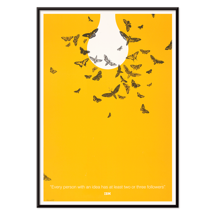 Butterflies attracted to a light bulb on artwork Every person with an idea has at least two or three followers by Ken White Poster of Ken White's artwork Every person with an idea has at least two or three followers depicting butterflies around a lightbulb.