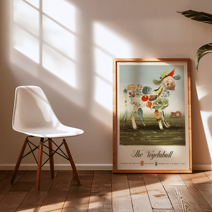 Painting of a bull composed of various vegetables The Vegetabull by Lewitt-Him Poster featuring The Vegetabull by Lewitt-Him, depicting a bull composed of various vegetables against a grassy background.