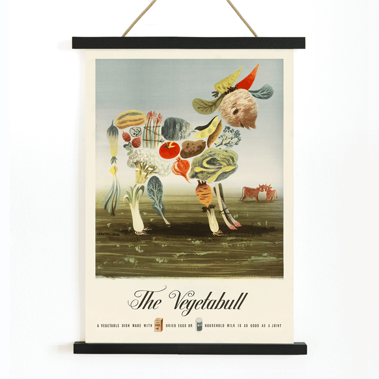 Painting of a bull composed of various vegetables The Vegetabull by Lewitt-Him Poster featuring The Vegetabull by Lewitt-Him, depicting a bull composed of various vegetables against a grassy background.