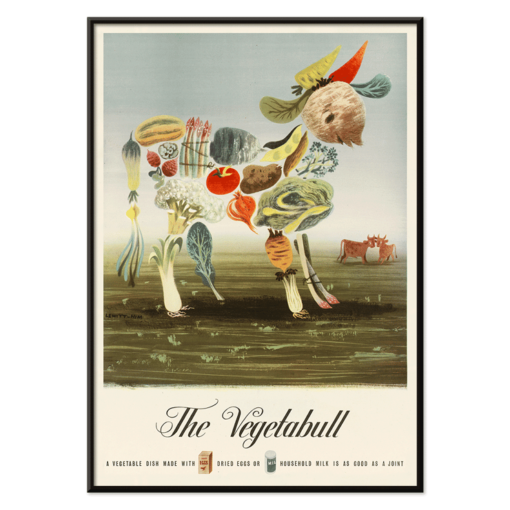 Painting of a bull composed of various vegetables The Vegetabull by Lewitt-Him Poster featuring The Vegetabull by Lewitt-Him, depicting a bull composed of various vegetables against a grassy background.