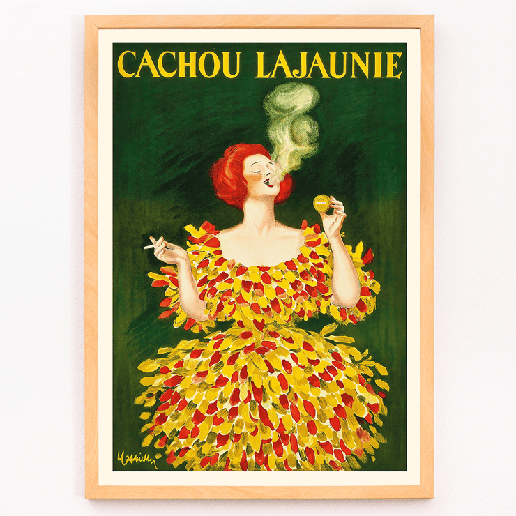 Póster colorido de una mujer con un vestido vibrante con humo creando una cara Cachou Lajaunie de Leonetto Cappiello Póster presenta la obra de arte titulada Cachou Lajaunie de Leonetto Cappiello, que representa a una mujer con un vestido colorido fumando un cigarrillo.