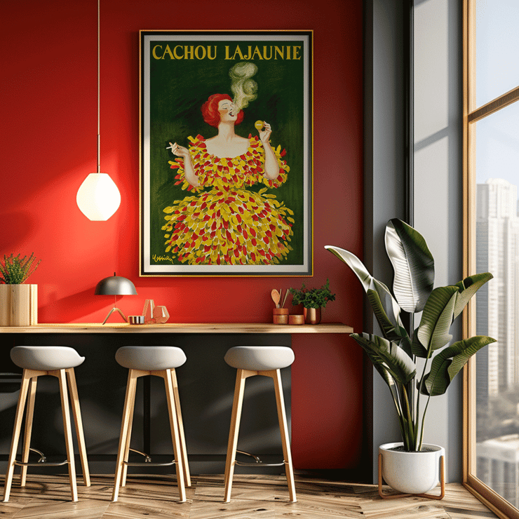 Póster colorido de una mujer con un vestido vibrante con humo creando una cara Cachou Lajaunie de Leonetto Cappiello Póster presenta la obra de arte titulada Cachou Lajaunie de Leonetto Cappiello, que representa a una mujer con un vestido colorido fumando un cigarrillo.