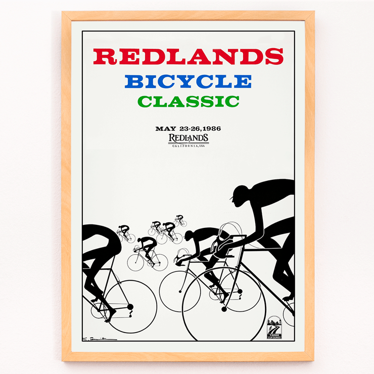 Cyclists racing illustration by Karlis Smiltens titled Redlands bicycle classic Poster of cyclists in race with title Redlands Bicycle Classic by Karlis Smiltens in red, blue, and green text on a white background.