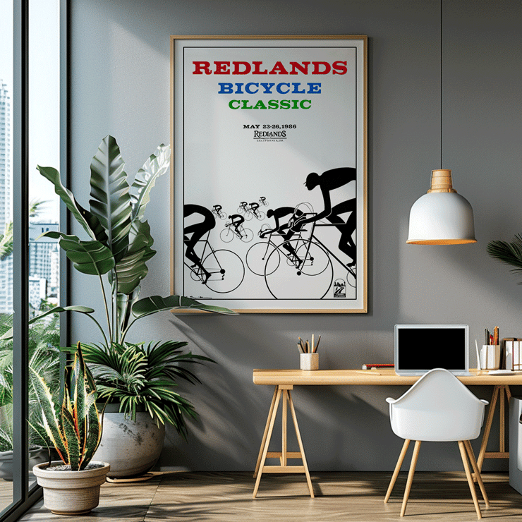 Cyclists racing illustration by Karlis Smiltens titled Redlands bicycle classic Poster of cyclists in race with title Redlands Bicycle Classic by Karlis Smiltens in red, blue, and green text on a white background.