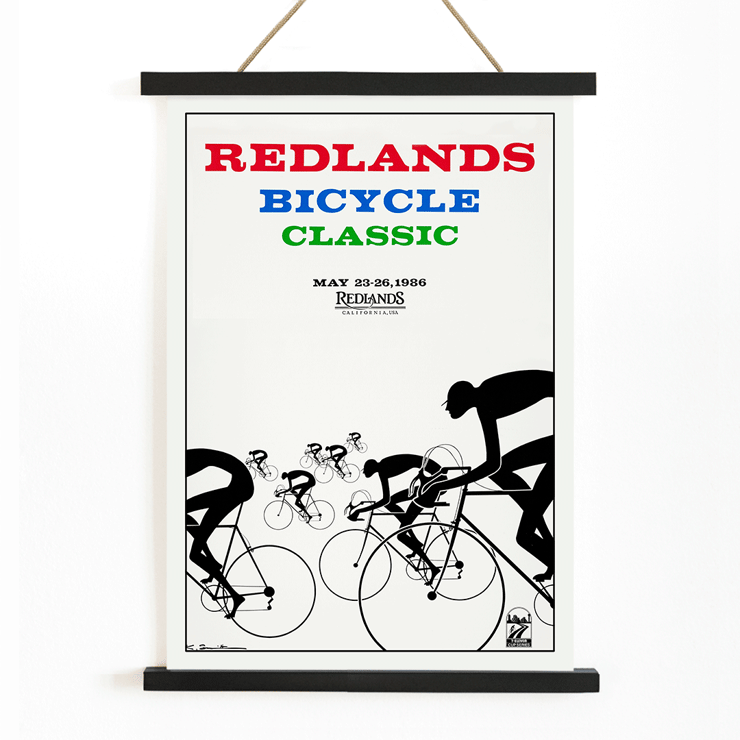 Cyclists racing illustration by Karlis Smiltens titled Redlands bicycle classic Poster of cyclists in race with title Redlands Bicycle Classic by Karlis Smiltens in red, blue, and green text on a white background.