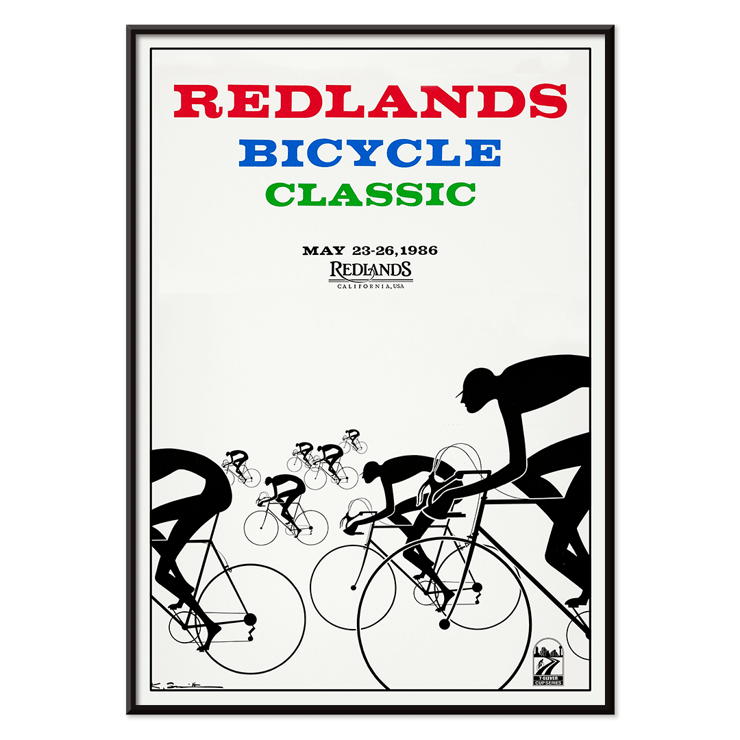 Cyclists racing illustration by Karlis Smiltens titled Redlands bicycle classic Poster of cyclists in race with title Redlands Bicycle Classic by Karlis Smiltens in red, blue, and green text on a white background.
