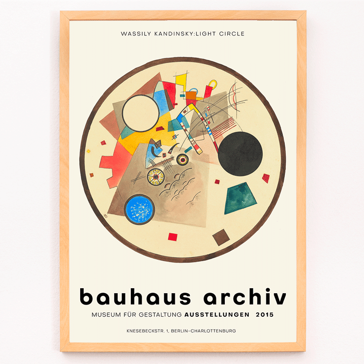 Abstract geometric artwork by Wassily Kandinsky titled Light Circle from Bauhaus exhibition Poster featuring abstract art Light Circle Bauhaus exhibition by Wassily Kandinsky displayed at Bauhaus Archiv Museum.