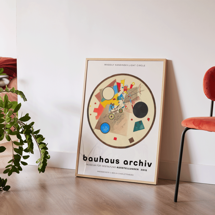 Abstract geometric artwork by Wassily Kandinsky titled Light Circle from Bauhaus exhibition Poster featuring abstract art Light Circle Bauhaus exhibition by Wassily Kandinsky displayed at Bauhaus Archiv Museum.