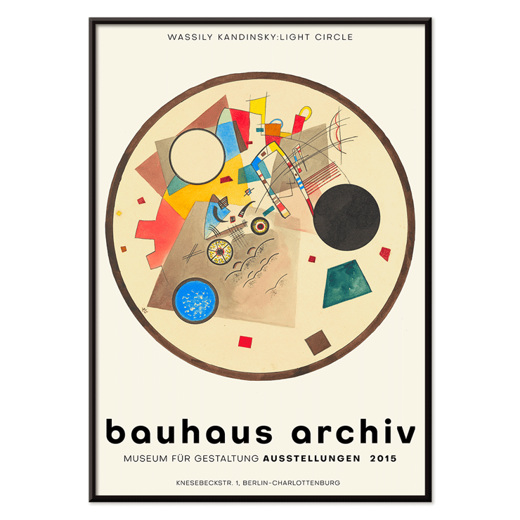 Abstract geometric artwork by Wassily Kandinsky titled Light Circle from Bauhaus exhibition Poster featuring abstract art Light Circle Bauhaus exhibition by Wassily Kandinsky displayed at Bauhaus Archiv Museum.